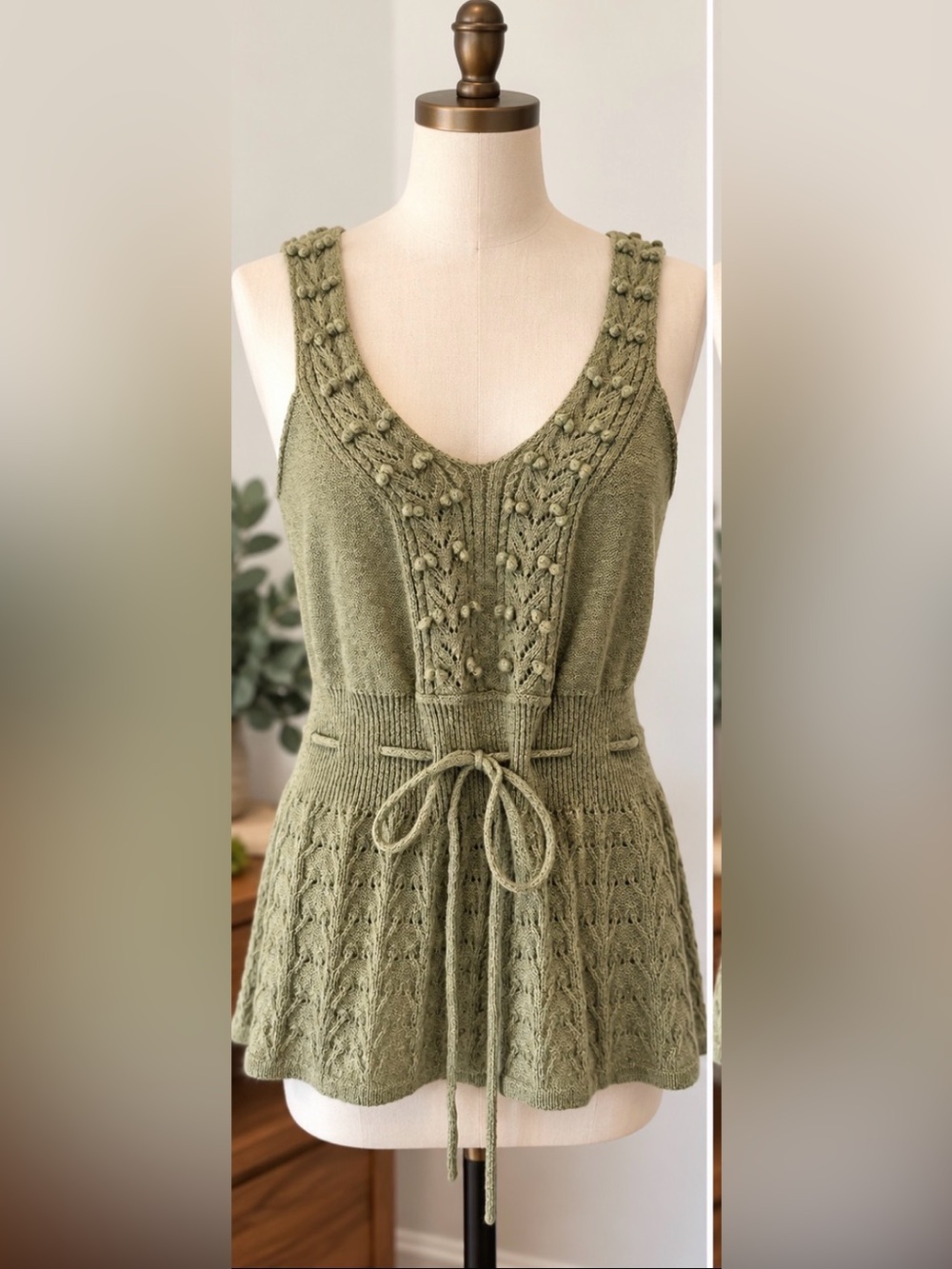 Susan Bristol Olive Green Cable Knit Tie-Waist Tank